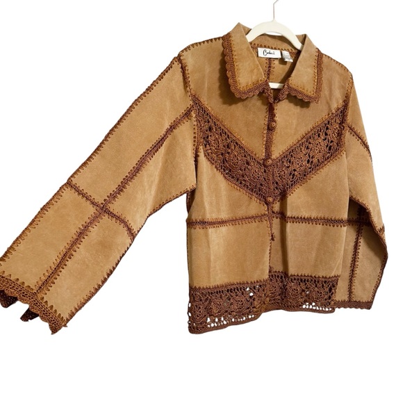 Vintage Y2K Carducci 100% Suede Crocheted Jacket Tan Brown Boho Western  Medium - Picture 3 of 14
